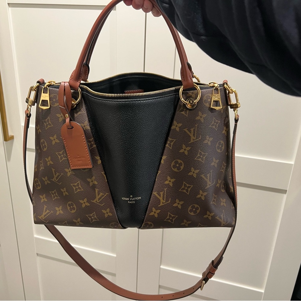 Louis Vuitton Brown Monogram & Black Leather V-Tote MM